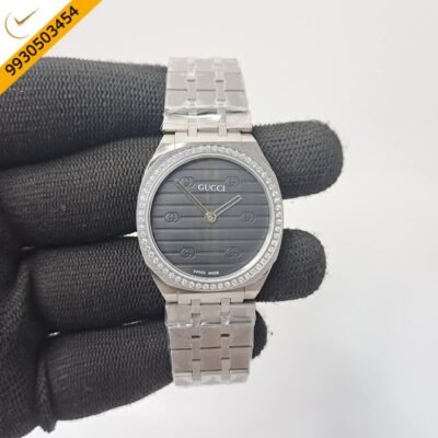 Gucci 25H Black Diamond Bazel Stainless Steel Swiss Watch