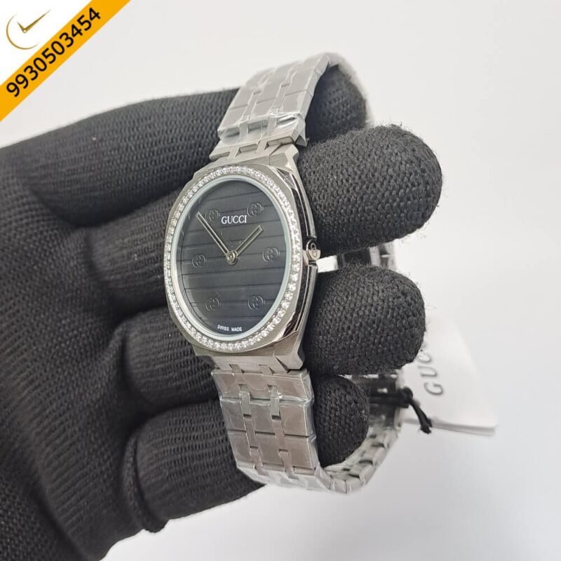 Gucci 25H Black Diamond Bazel Stainless Steel Swiss Watch - Image 2