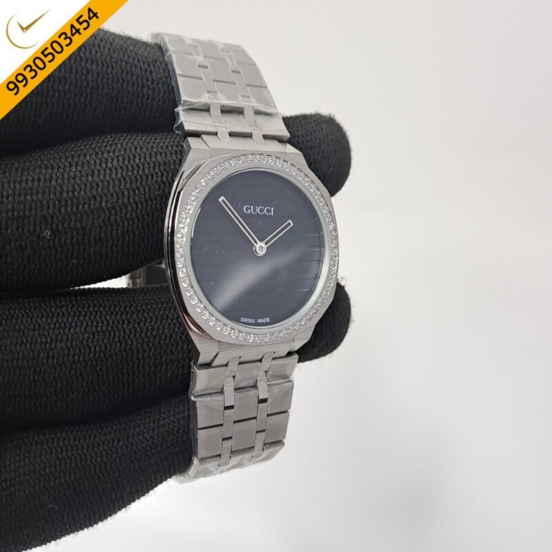 Gucci 25H Black Diamond Bazel Stainless Steel Swiss Watch - Image 3