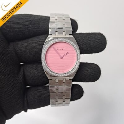Gucci 25H Pink Diamond Bazel Stainless Steel Swiss Watch