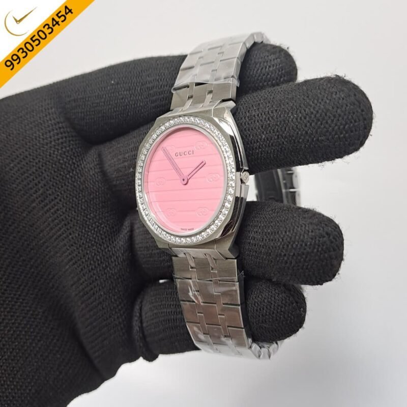 Gucci 25H Pink Diamond Bazel Stainless Steel Swiss Watch - Image 2
