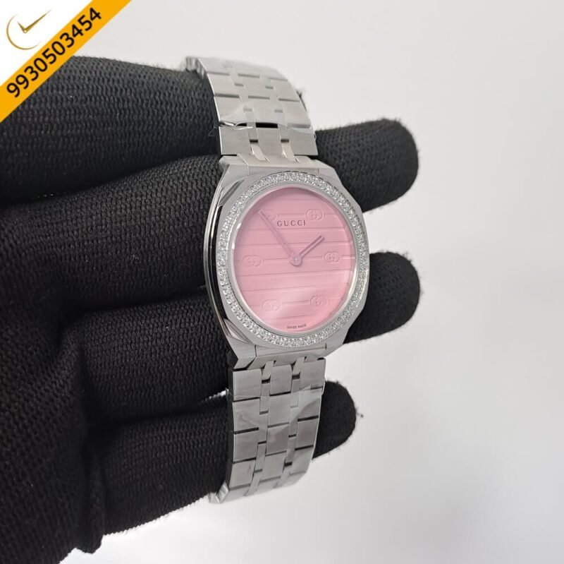 Gucci 25H Pink Diamond Bazel Stainless Steel Swiss Watch - Image 3
