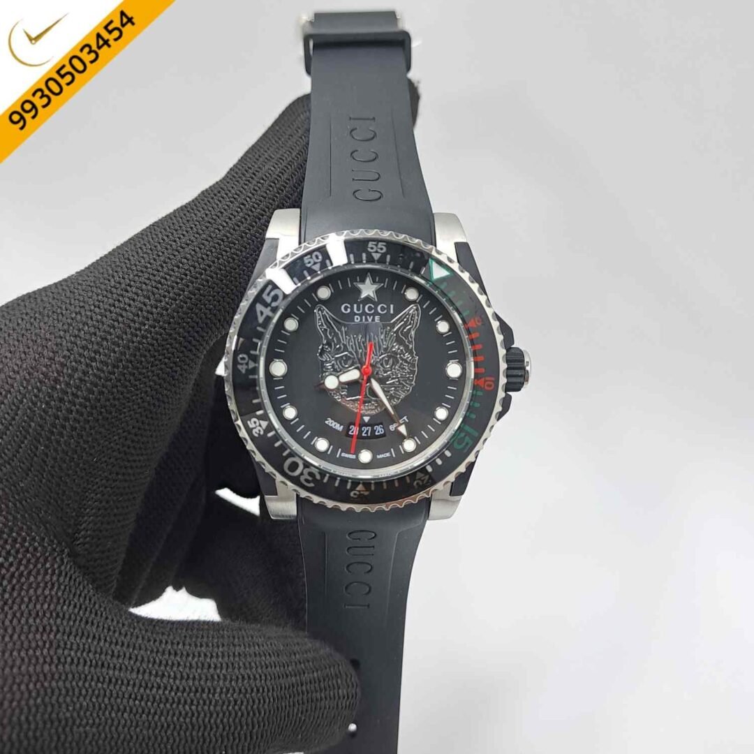 Gucci DIVE Cate Face Dial Black Rubber Strap Swiss Watch