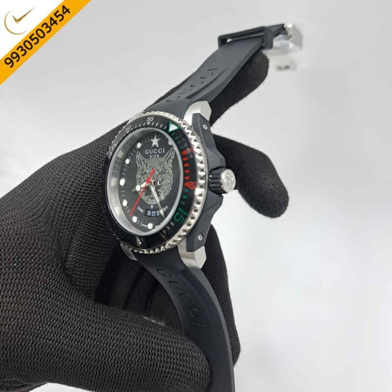 Gucci DIVE Cate Face Dial Black Rubber Strap Swiss Watch - Image 3