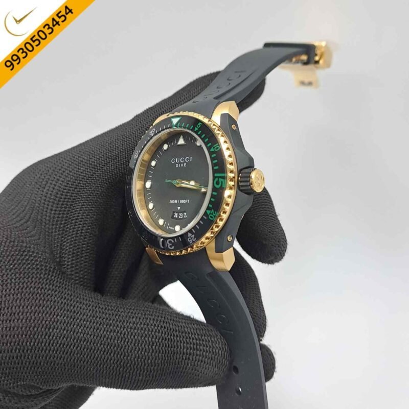Gucci DIVE Gold Black Date Edition Rubber Strap Swiss Watch - Image 3