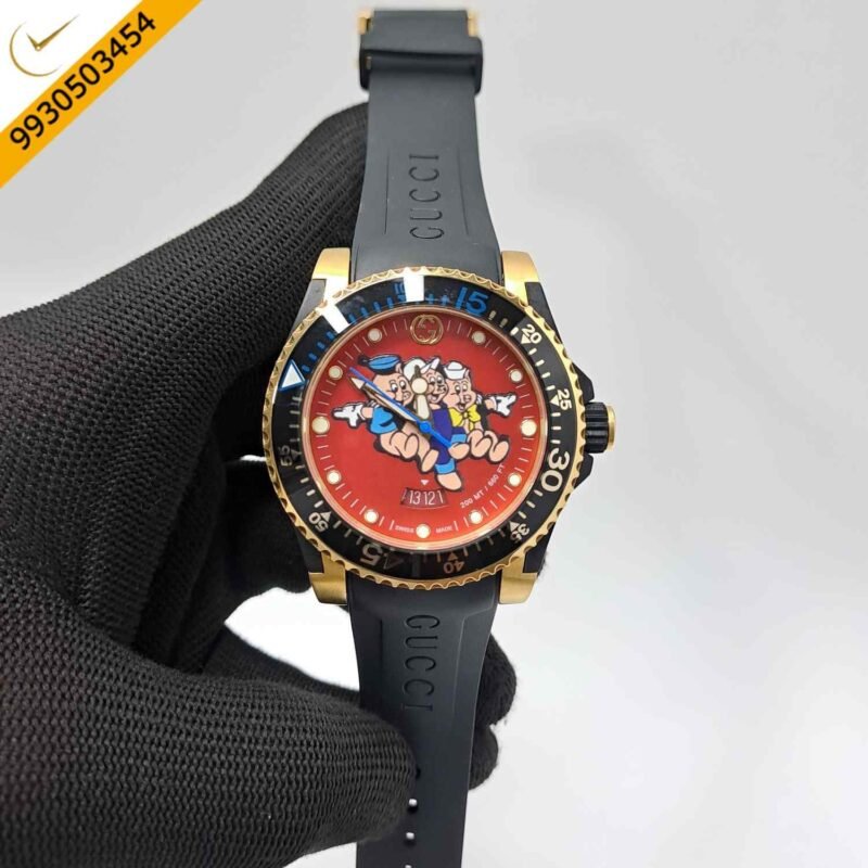 Gucci DIVE Three Little Pigs Dial Black Rubber Strap Swiss Watch