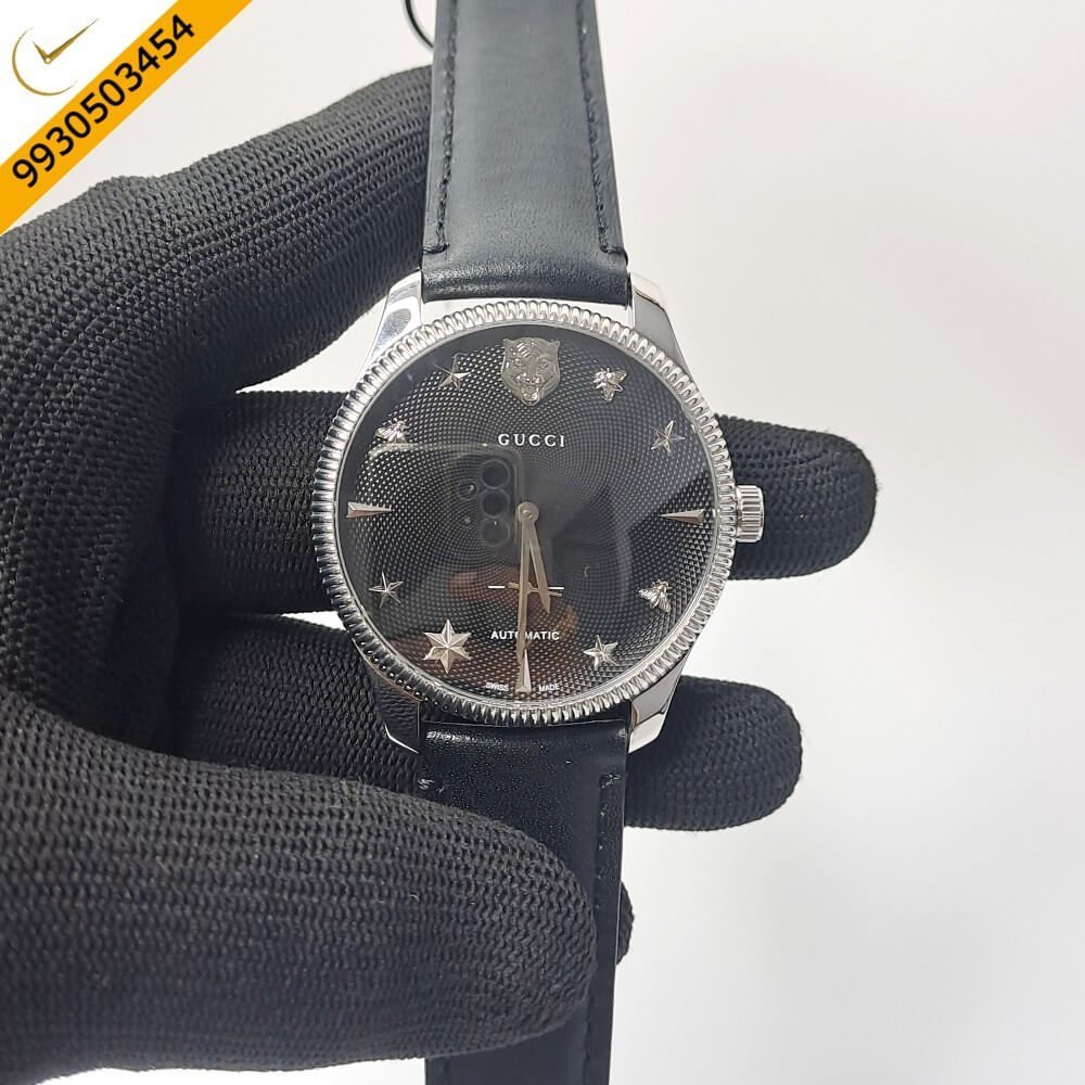 Gucci G-Timeless Black Leather Auto Back Open Black Dial Automatic Watch