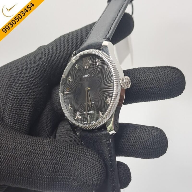 Gucci G-Timeless Black Leather Auto Back Open Black Dial Automatic Watch - Image 2