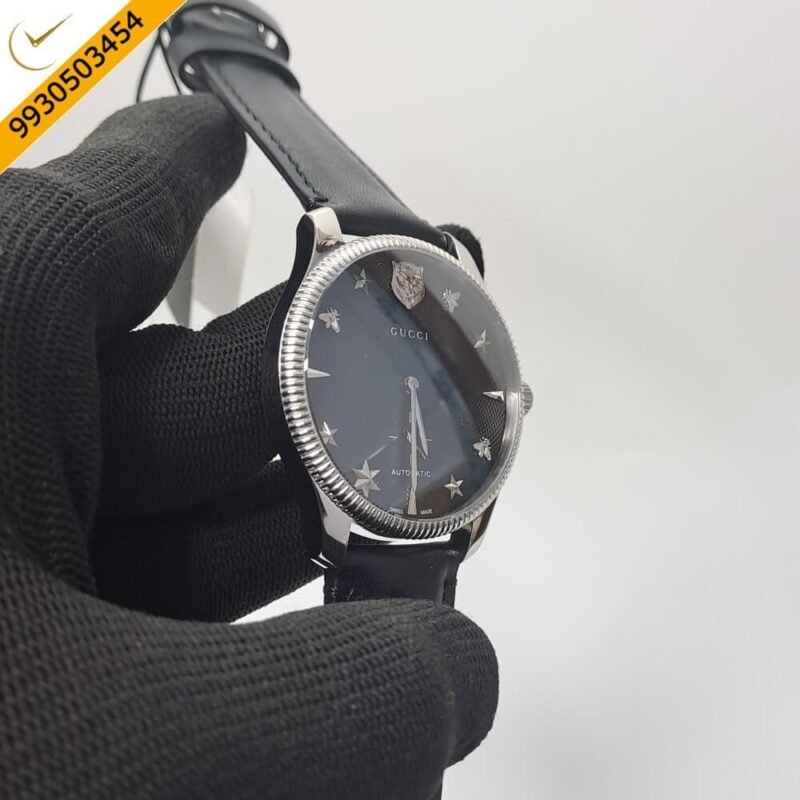 Gucci G-Timeless Black Leather Auto Back Open Black Dial Automatic Watch - Image 3