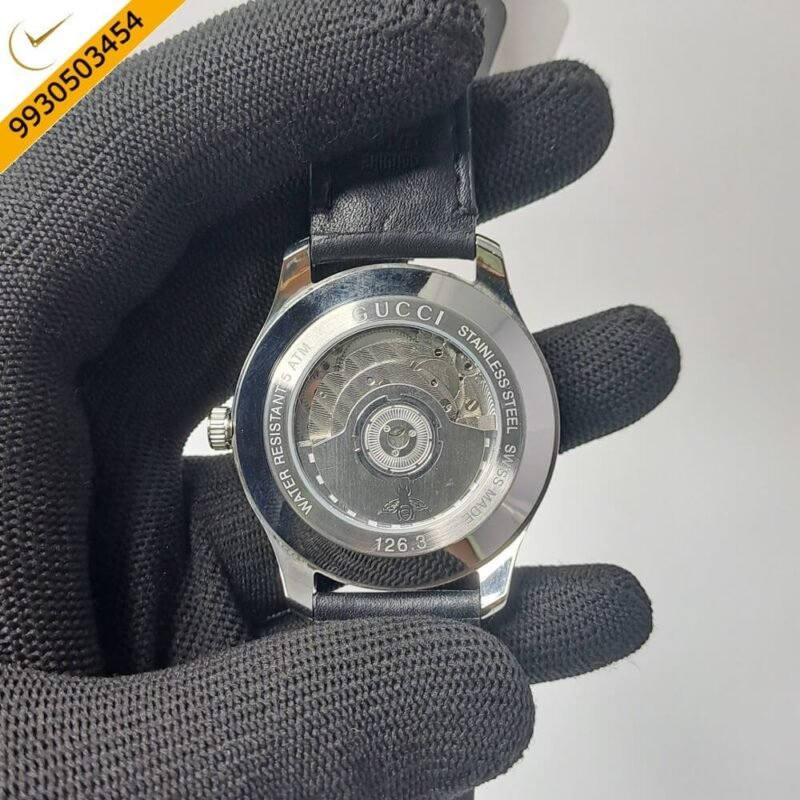 Gucci G-Timeless Black Leather Auto Back Open Black Dial Automatic Watch - Image 4