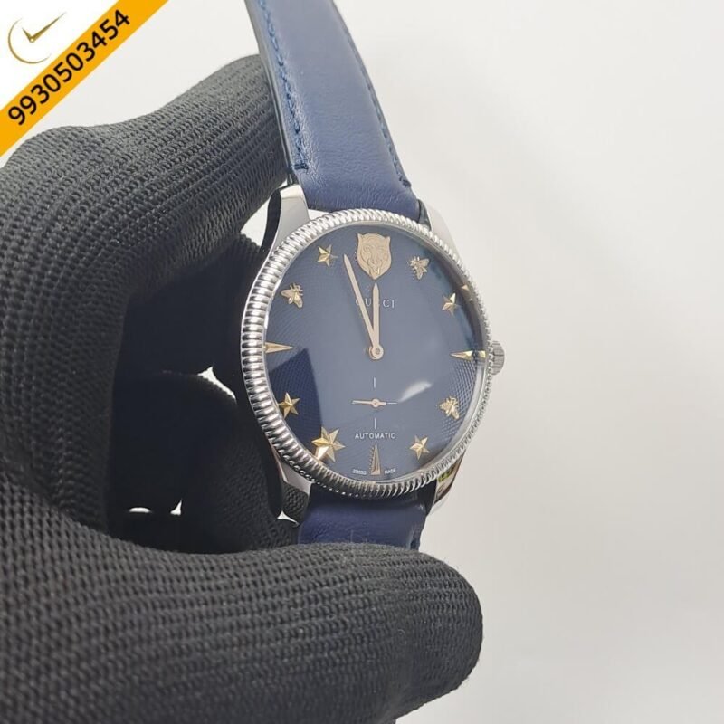 Gucci G-Timeless Blue Leather Auto Back Open Blue Dial Automatic Watch - Image 3