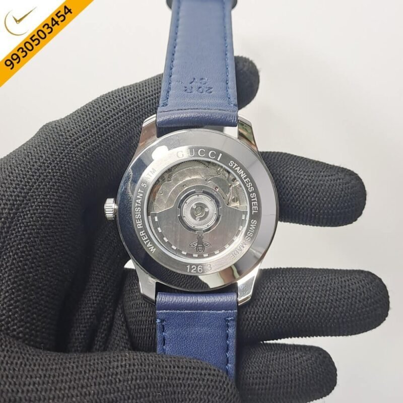 Gucci G-Timeless Blue Leather Auto Back Open Blue Dial Automatic Watch - Image 4