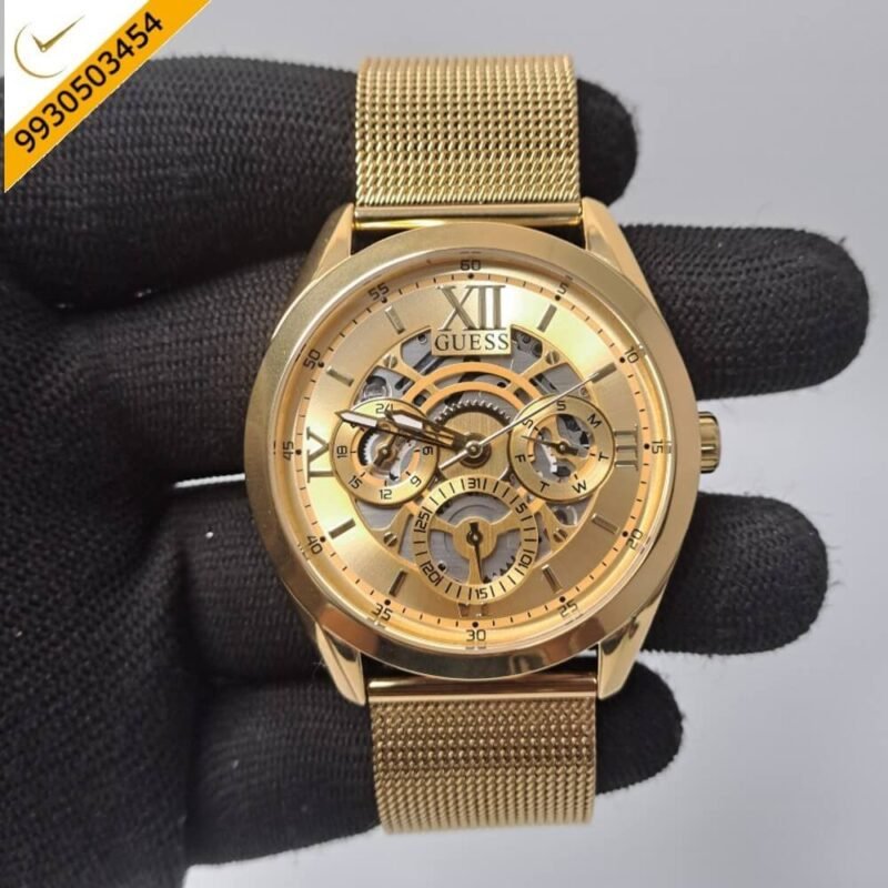 Guess Full Gold Skelton Dial Swiss Watch
