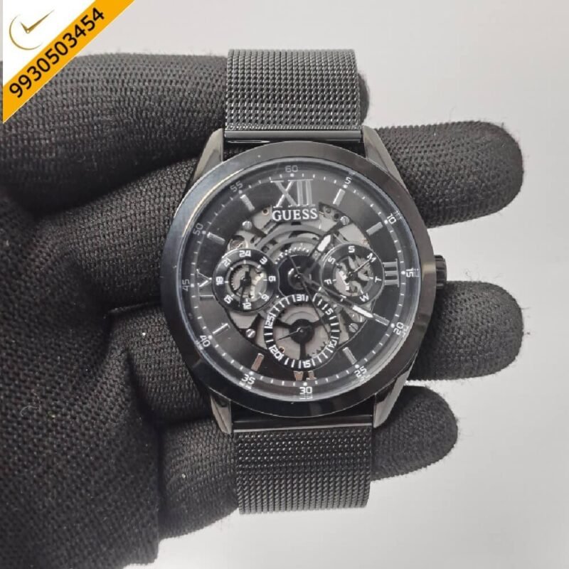 Guess Full Polished Black Skelton Dial Swiss Watch