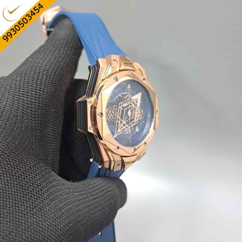 Hublot Big Bang UNICO Sang Bleu II 45mm Rose Gold Blue Dial Blue Rubber Strap Swiss Watch - Image 3