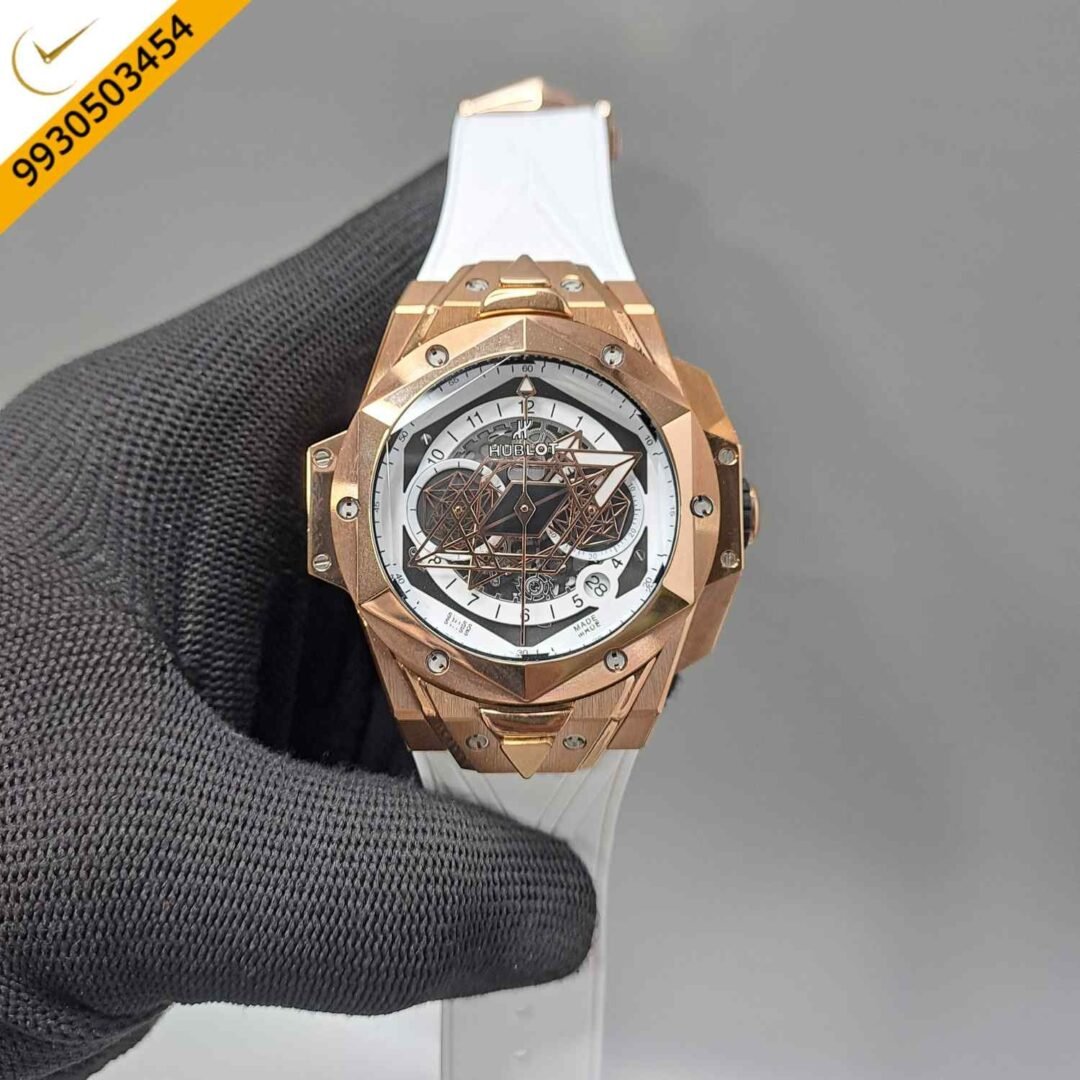 Hublot Big Bang UNICO Sang Bleu II 45mm Rose Gold White Dial White Rubber Strap Swiss Watch