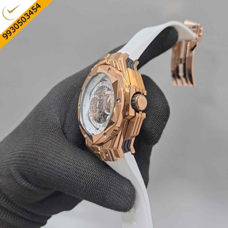 Hublot Big Bang UNICO Sang Bleu II 45mm Rose Gold White Dial White Rubber Strap Swiss Watch - Image 2