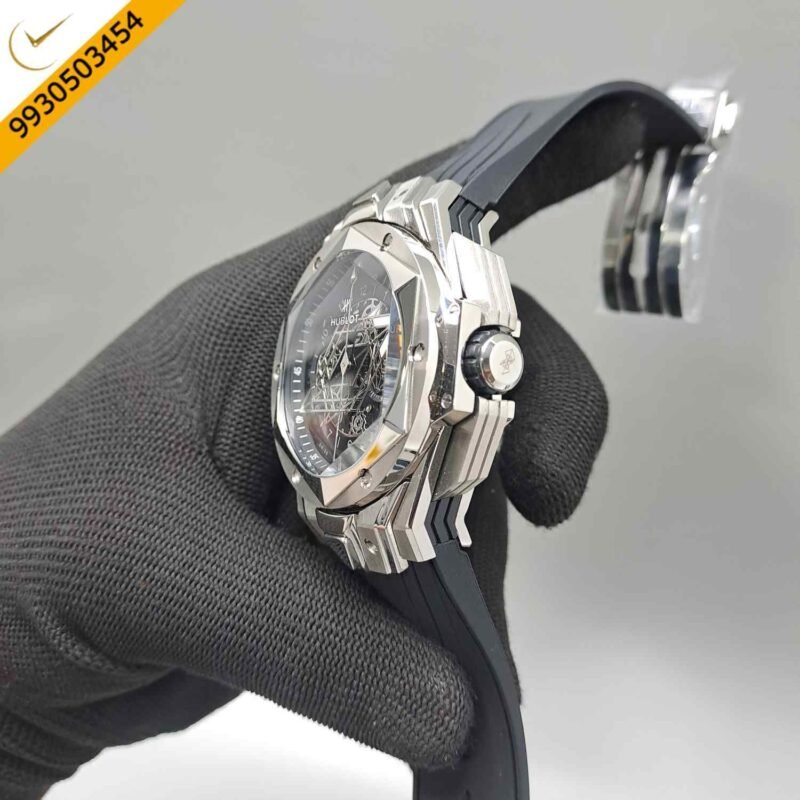 Hublot Big Bang UNICO Sang Bleu II 45mm Silver Black Dial Black Rubber Strap Swiss Watch - Image 2