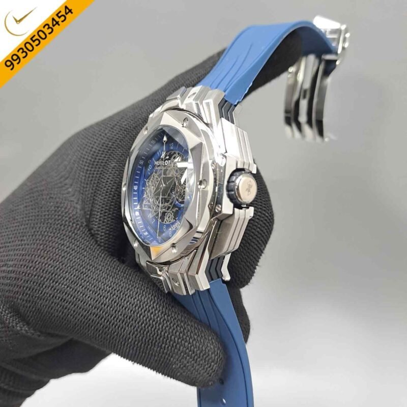 Hublot Big Bang UNICO Sang Bleu II 45mm Silver Blue Dial Blue Rubber Strap Swiss Watch - Image 2