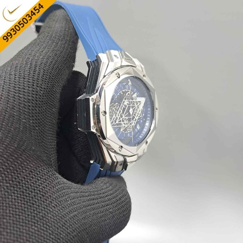 Hublot Big Bang UNICO Sang Bleu II 45mm Silver Blue Dial Blue Rubber Strap Swiss Watch - Image 3
