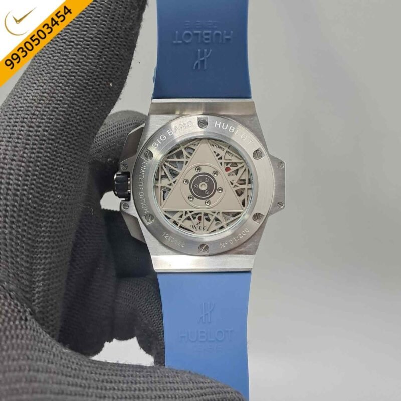Hublot Big Bang UNICO Sang Bleu II 45mm Silver Blue Dial Blue Rubber Strap Swiss Watch - Image 4