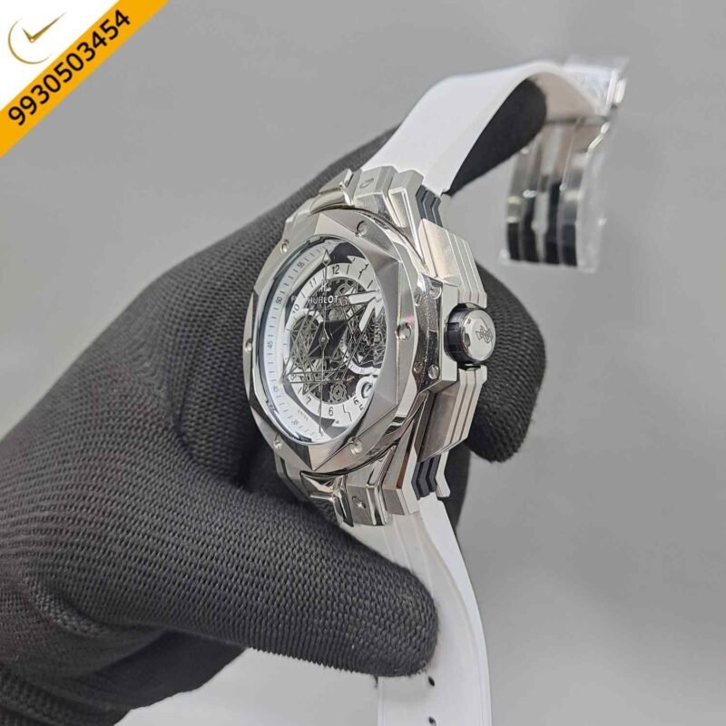 Hublot Big Bang UNICO Sang Bleu II 45mm Silver White Dial White Rubber Strap Swiss Watch - Image 2