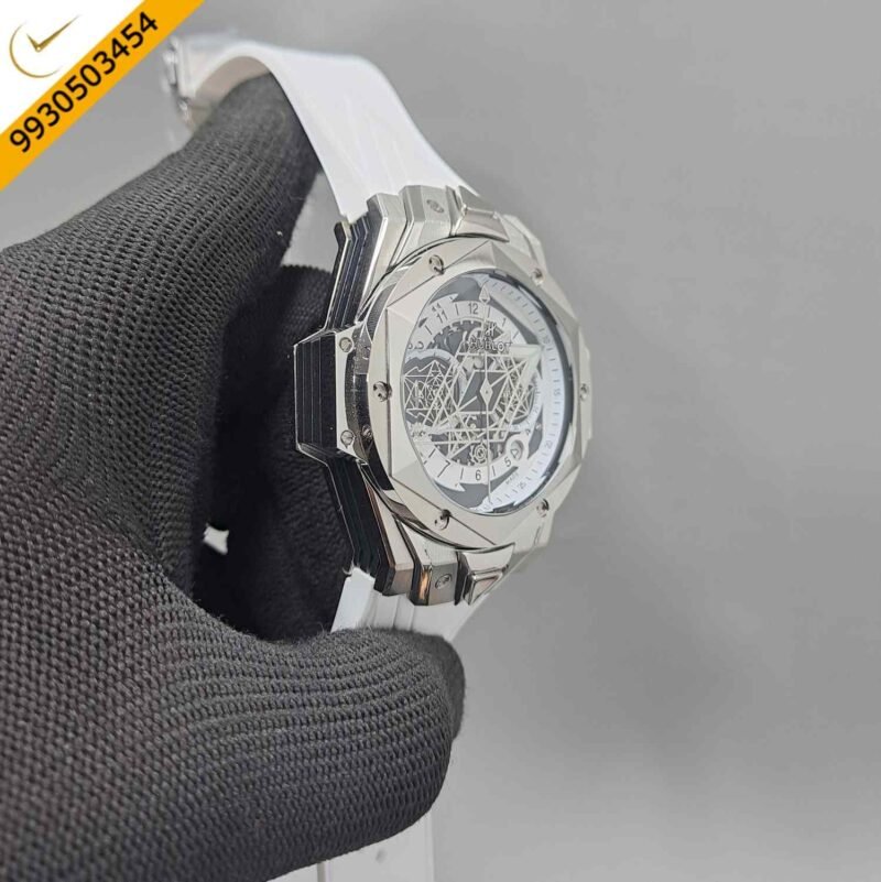 Hublot Big Bang UNICO Sang Bleu II 45mm Silver White Dial White Rubber Strap Swiss Watch - Image 3