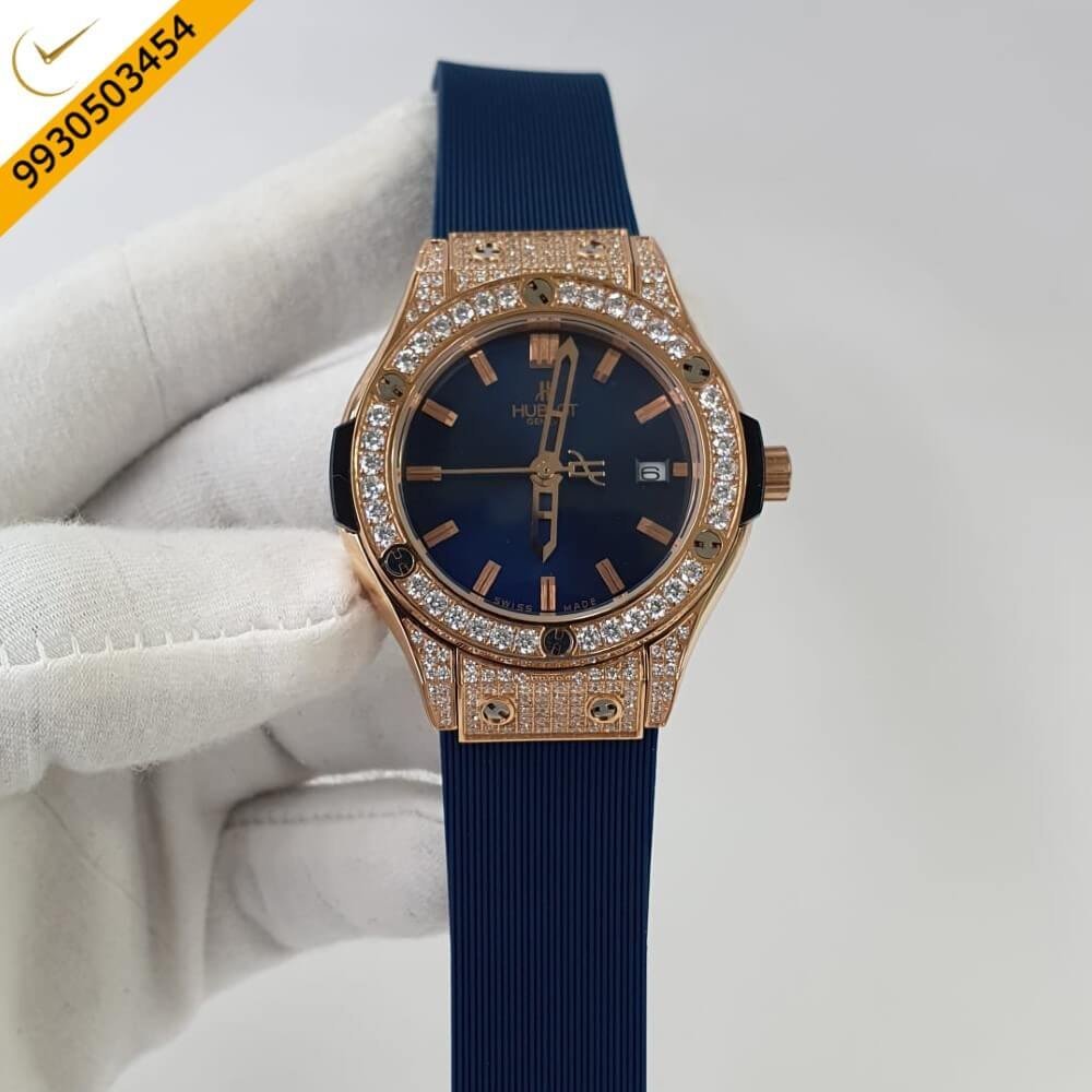 Hublot Classic Fusion Diamond Bezel Blue Rubber Strap Swiss Watch
