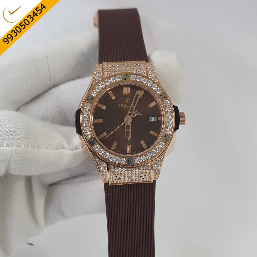 Hublot Classic Fusion Diamond Bezel Brown Rubber Strap Swiss Watch