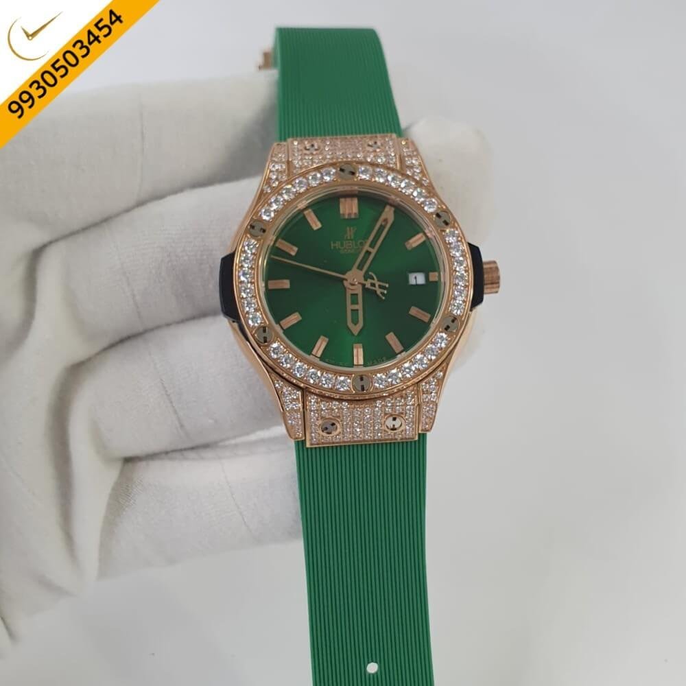 Hublot Classic Fusion Diamond Bezel Green Rubber Strap Swiss Watch