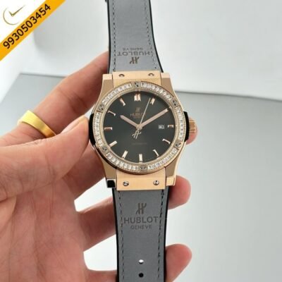Hublot Classic Fusion Diamond Black Dial Grey Leather Strap Swiss Watch