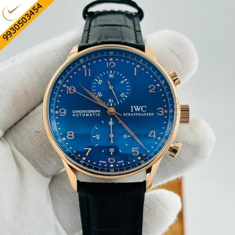 I W C Portugieser Chronograph Rose Gold Blue Dial Leather Strap Swiss Automatic Watch