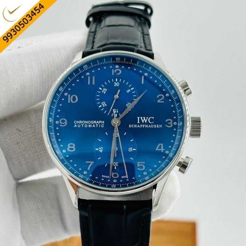 I W C Portugieser Chronograph Silver Blue Dial Leather Strap Swiss Automatic Watch
