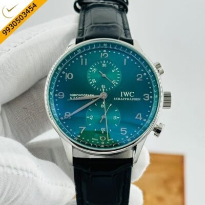 I W C Portugieser Chronograph Silver Green Dial Leather Strap Swiss Automatic Watch