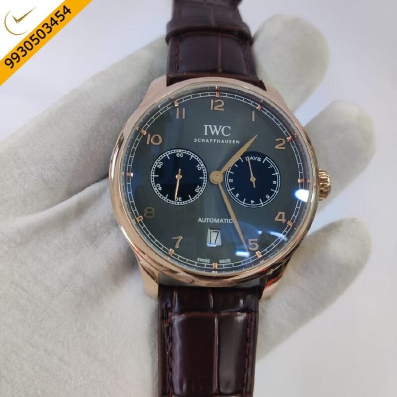 I W C Portuguese Power Reserve Rose Gold Black Dial Leather Strap Swiss Automatic Watch
