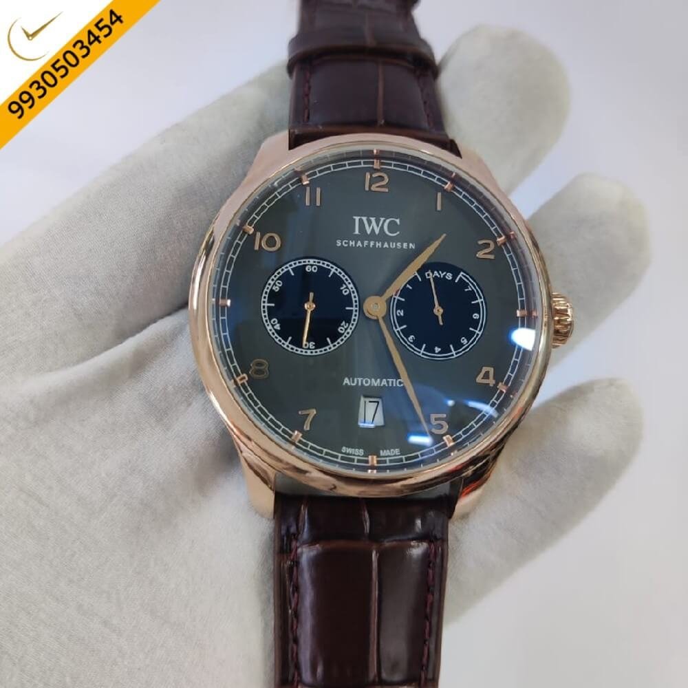 I W C Portuguese Power Reserve Rose Gold Black Dial Leather Strap Swiss Automatic Watch