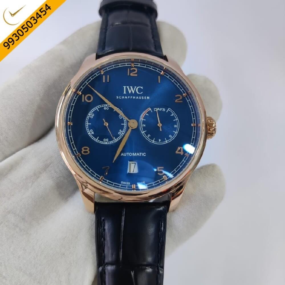 I W C Portuguese Power Reserve Silver Case Blue Dial Leather Strap Swiss Automatic Watch