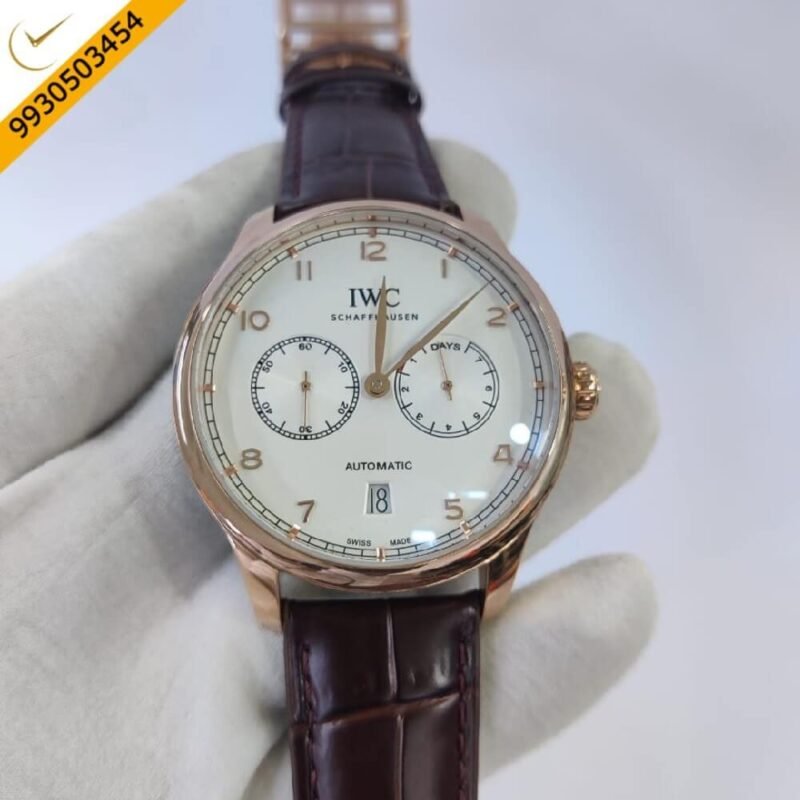 I W C Portuguese Power Reserve Rose Gold White Dial Leather Strap Swiss Automatic Watch