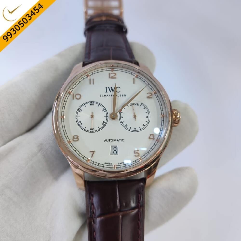 I W C Portuguese Power Reserve Rose Gold White Dial Leather Strap Swiss Automatic Watch