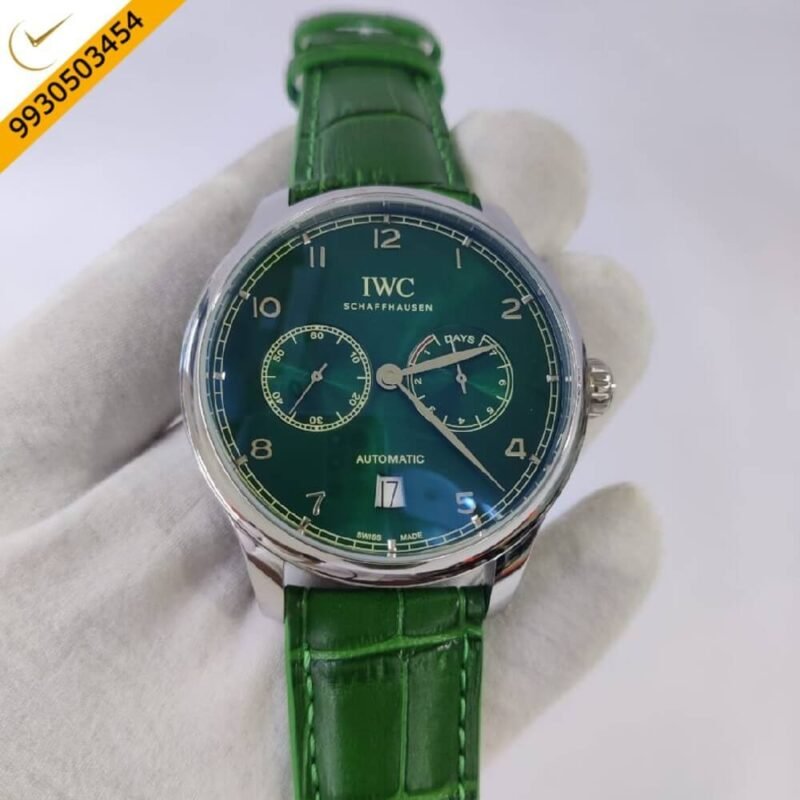 I W C Portuguese Power Reserve Silver Green Dial Leather Strap Swiss Automatic Watch