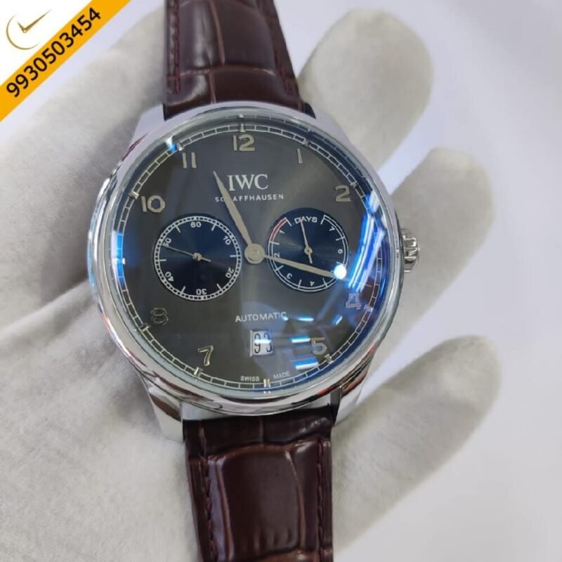 I W C Portuguese Power Reserve Silver Grey Dial Leather Strap Swiss Automatic Watch