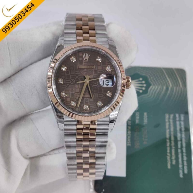 Rolex Oyster Perpetual Date Just Dual Tone Brown Dial Diamond Marker Swiss ETA Automatic Movement Watch