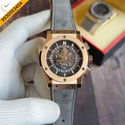 Hublot Classic Fussion Chronograph Rose Gold Case Grey Leather Strap Watch