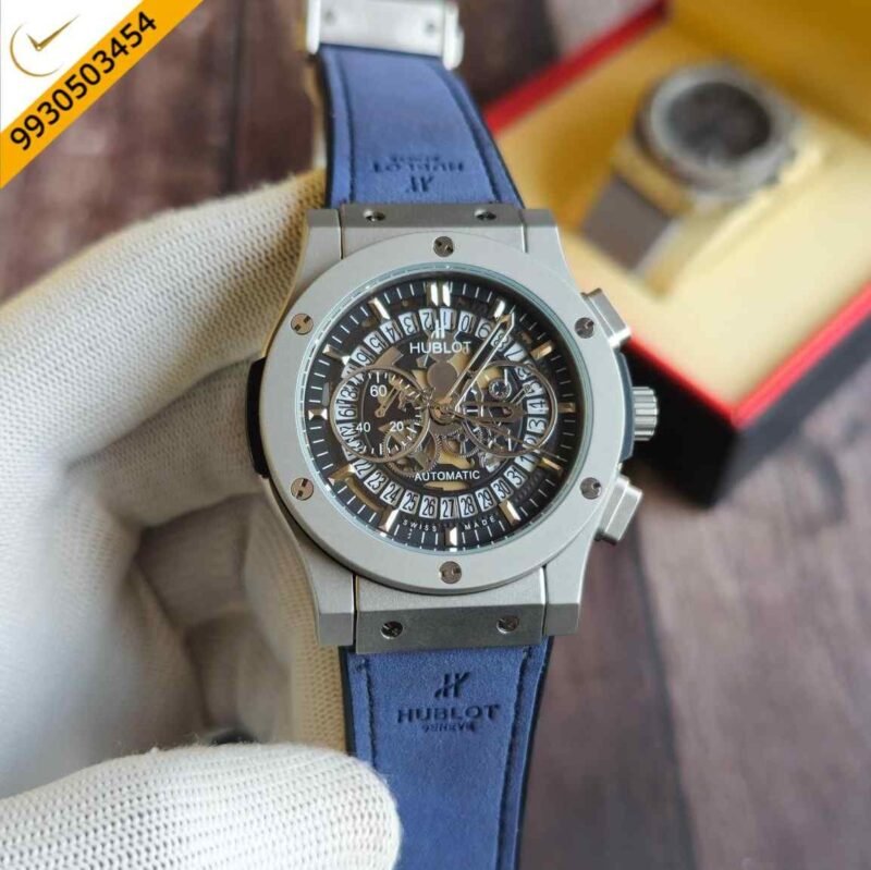 Hublot Classic Fussion Chronograph Steel Blue Leather Strap Watch