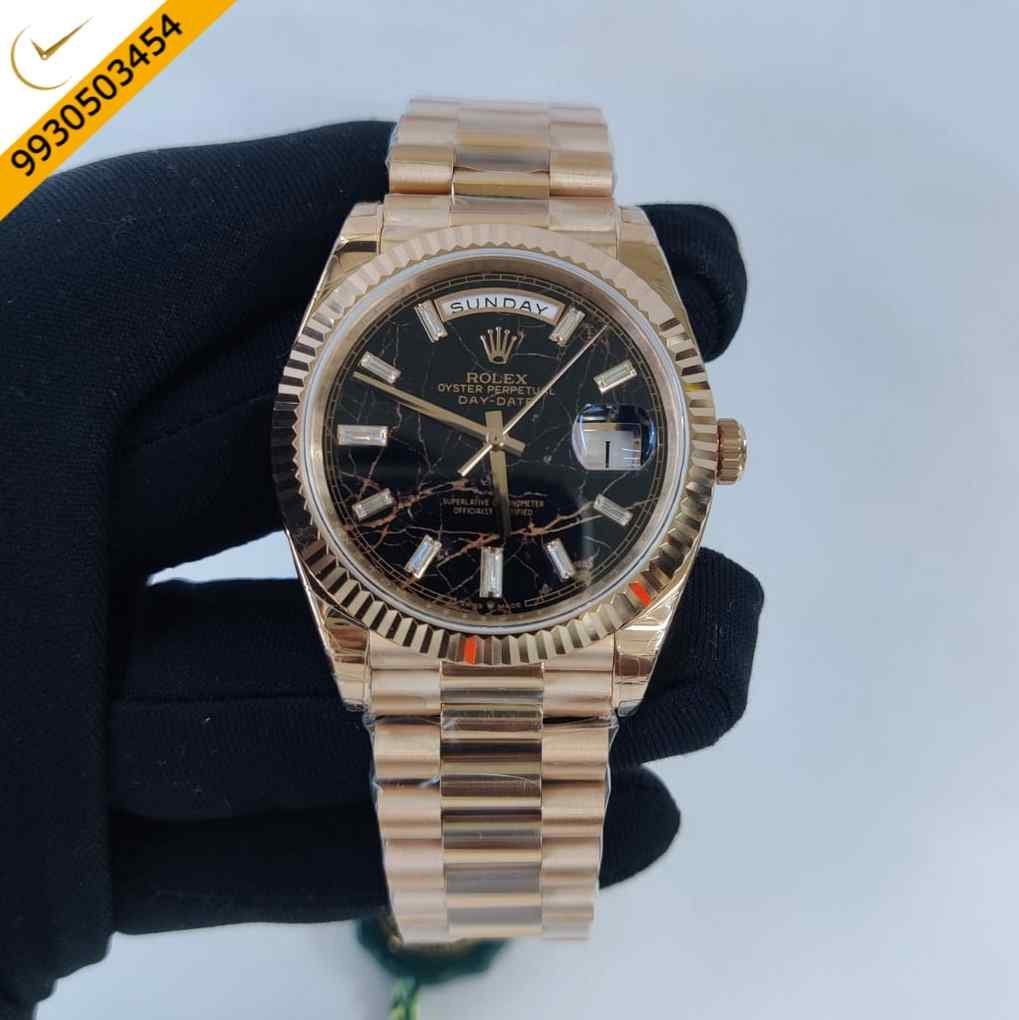Rolex DayDate President Rose Gold Black Eisenkiesel Dial Swiss ETA Automatic Movement Watch