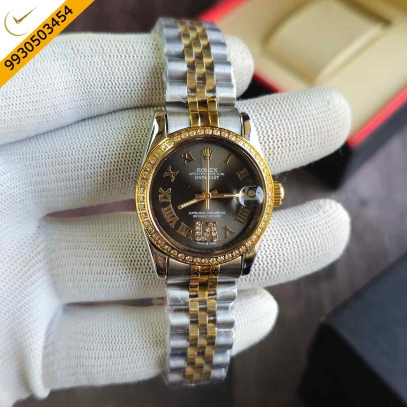 Rolex Date-Just Diamond Bazel Dual Tone Grey Dial Swiss Automatic Watch