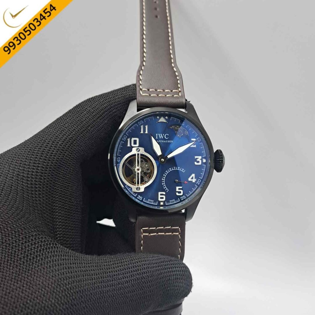 IWC Moonphase Big Pilot Black Blue Dial Brown Leather Strap Swiss Automatic Watch