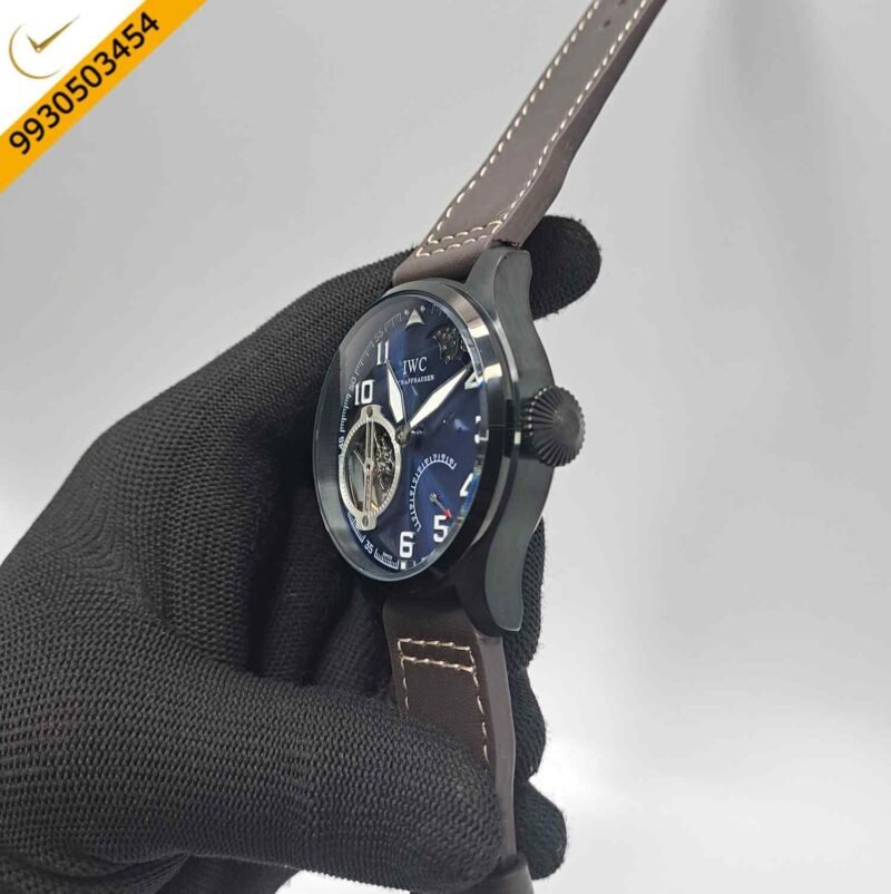 IWC Moonphase Big Pilot Black Blue Dial Brown Leather Strap Swiss Automatic Watch - Image 3