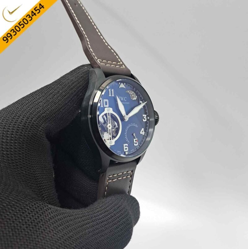 IWC Moonphase Big Pilot Black Blue Dial Brown Leather Strap Swiss Automatic Watch - Image 2