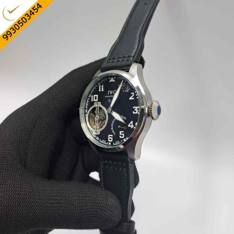 IWC Moonphase Big Pilot Silver Black Dial Edition Black Leather Strap Swiss Automatic Watch - Image 2